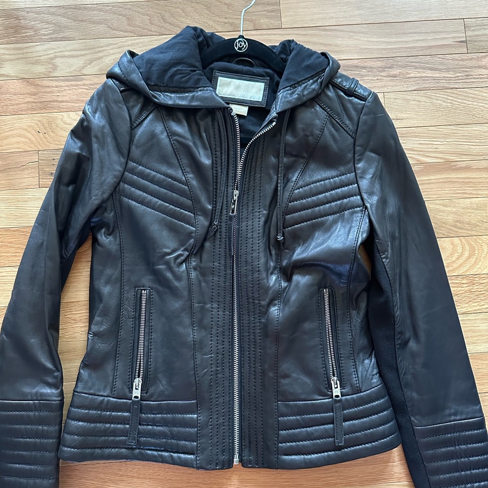 MICHAEL Michael Kors Quilted Black Leather Jacket with Hood